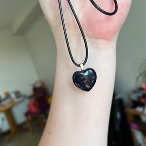 Black obsidian heart crystal necklace with chain.